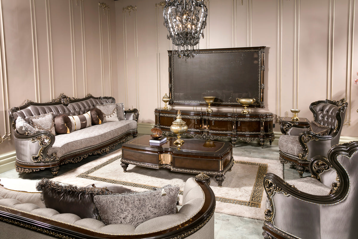 Nida sofa collection with carved dark frames and neutral upholstery